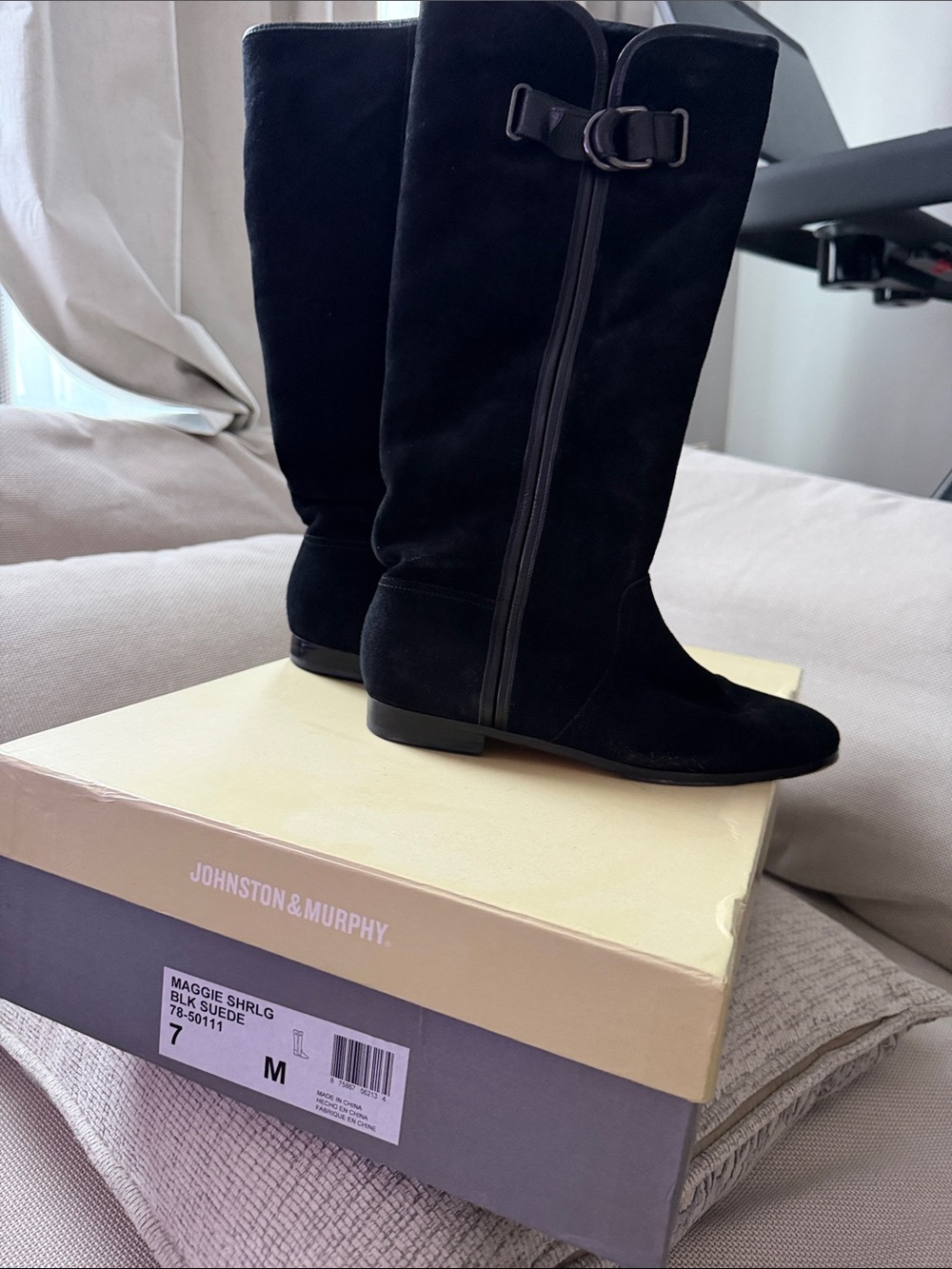 Johnston & Murphy Black Suede Knee Boots with Buckle Detail